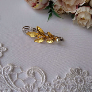 Broche attache-traîne avec grande feuille dorée et perle, remonte-traîne pour robe de mariée
