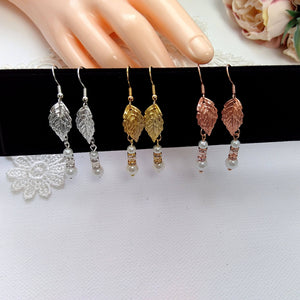 Boucles d'oreilles pendantes avec perles, cristal, strass et feuilles argentées, dorées et or rose pour mariage bohème ou rustique, 3 couleurs