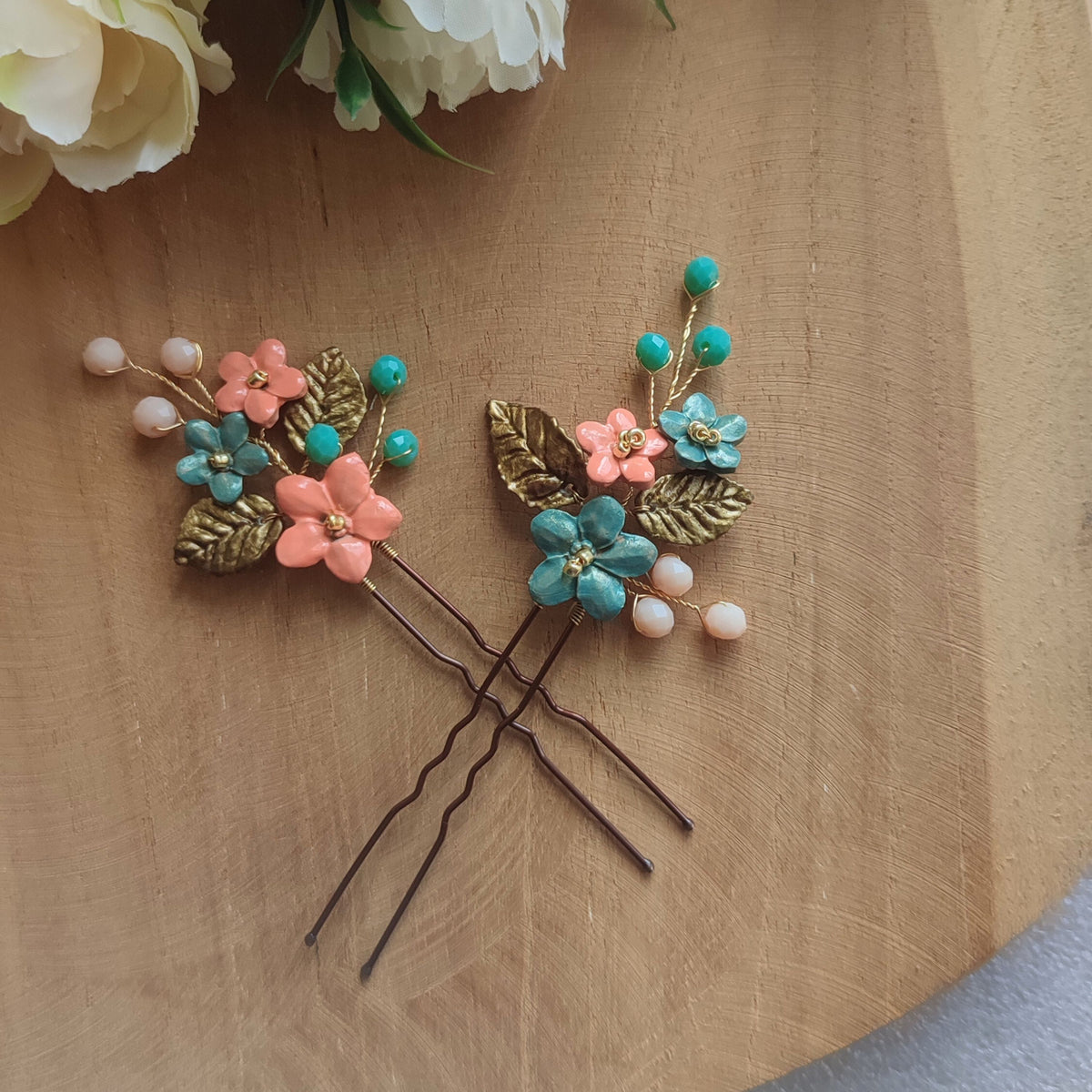 LOT De 6 PICS à Cheveux Pour Robe De Mariée / Mariage - Couleurs Beige & Turquoise - Neuf Avec étiquettes