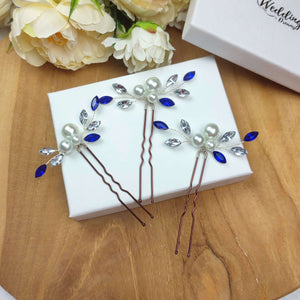Lot de 3 petites épingles à chignon avec perles nacrées strass transparent et cristaux de strass bleu pour coiffure de mariage ou soirée