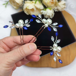 Lot de 3 petites épingles à chignon avec perles nacrées strass transparent et cristaux de strass bleu pour coiffure de mariage ou soirée
