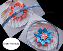 Charger l'image dans la galerie, Serre-tête fille fleur kanzashi bleu et orange, Bandeau cheveux fleur en satin, Diadème