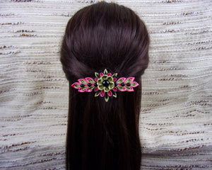 Barrette française originale avec fleurs kanzashi en rose, olive et noir, Pince cheveux longs