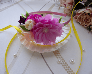 Serre-tête multicolore avec fleurs en satin, Bandeau cheveux fille, Diadème floral