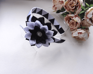 Serre-tête fille fleur kanzashi noir et blanc, Bandeau cheveux fleur en satin, Diadème mariage