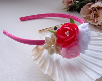 Serre-tête avec fleurs en satin rose et blanc, Bandeau cheveux fille, Diadème floral