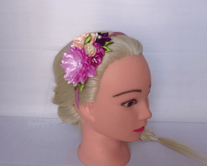 Serre-tête multicolore avec fleurs en satin, Bandeau cheveux fille, Diadème floral