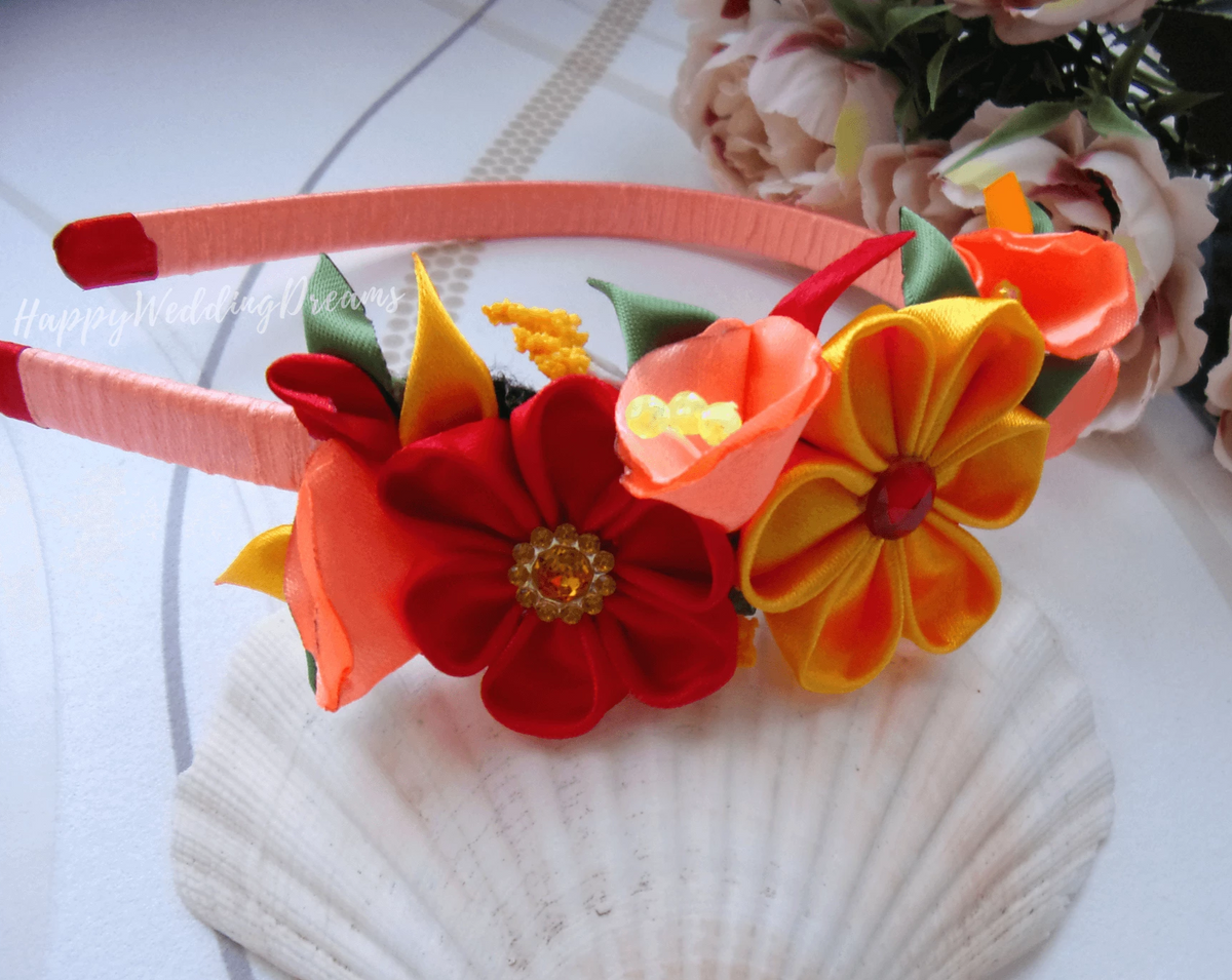 Serre-tête fille fleur kanzashi bleu et orange, Bandeau cheveux fleur –  HappyWeddingDreams