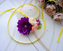 Charger l&#39;image dans la galerie, Pince cheveux mariage champêtre,Barrette française avec fleurs en satin violet, crème et pêche