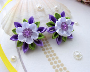 Élastique cheveux fleur kanzashi violet et blanc, queue de cheval, nattes petite fille, Chouchou