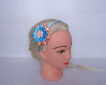 Charger l'image dans la galerie, Serre-tête fille fleur kanzashi bleu et orange, Bandeau cheveux fleur en satin, Diadème