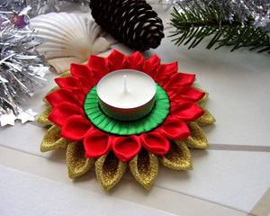 Porte-bougie, Bougeoir de Noël en  rouge, doré et vert, Décoration table de fête
