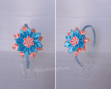 Charger l'image dans la galerie, Serre-tête fille fleur kanzashi bleu et orange, Bandeau cheveux fleur en satin, Diadème