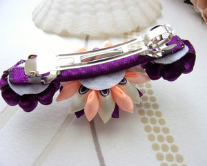 Barrette française avec fleurs kanzashi en violet et orange, Pince à cheveux longs