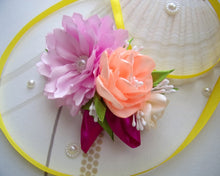 Charger l&#39;image dans la galerie, Barrette française avec fleurs en satin rose et pêche, Pince à cheveux florale mariage champêtre
