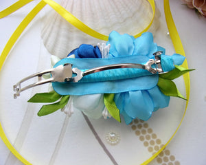 Barrette française avec fleurs en satin bleu, Pince cheveux mariage champêtre