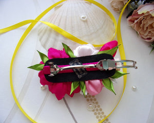 Barrette française avec fleurs en satin mauve et crème,  Pince cheveux florale