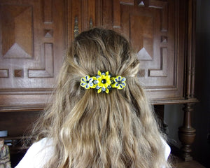 Barrette française avec fleurs kanzashi en jaune et gris, Pince cheveux longs