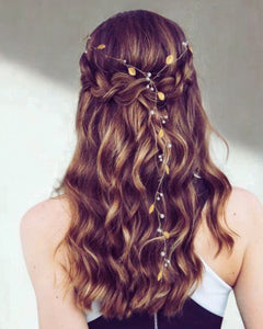 liane de cheveux avec perles nacrées et feuilles dorées en porcelaine froide pour coiffure de mariage bohème