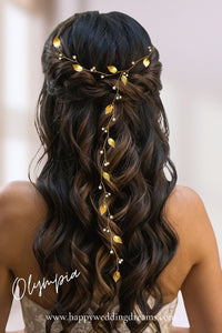 liane de cheveux avec perles nacrées et feuilles dorées en porcelaine froide pour coiffure de mariage bohème