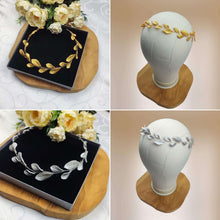 Charger l'image dans la galerie, Collage présentant les finitions en feuilles dorées et argentées du bandeau de cheveux en porcelaine froide, à plat et sur une tête mannequin