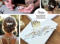sélection de 4 photos présentant des bijoux de cheveux en porcelaine froide de la marque Happy Wedding Dreams, sur 2 différentes coiffures, une photo d'article et en train de fabrication.