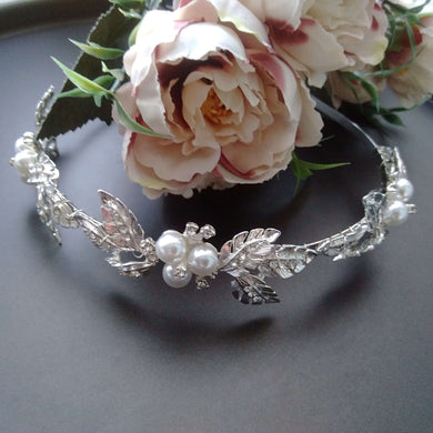 serre-tête de mariage feuilles argentées avec strass et perles