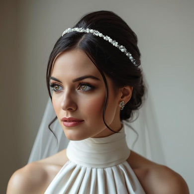 Mariée élégante portant un bandeau en perles blanches et cristaux – modèle Hermine