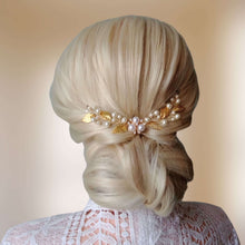 Charger l&#39;image dans la galerie, Vigne de cheveux courte pour coiffure de mariage rustique avec perles et feuilles dorées