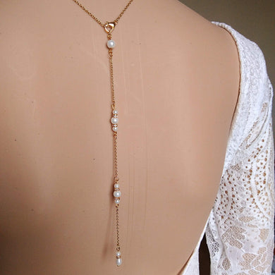 Collier avec bijou de dos en perles nacrées blanches et strass pour robe de mariage dos nu