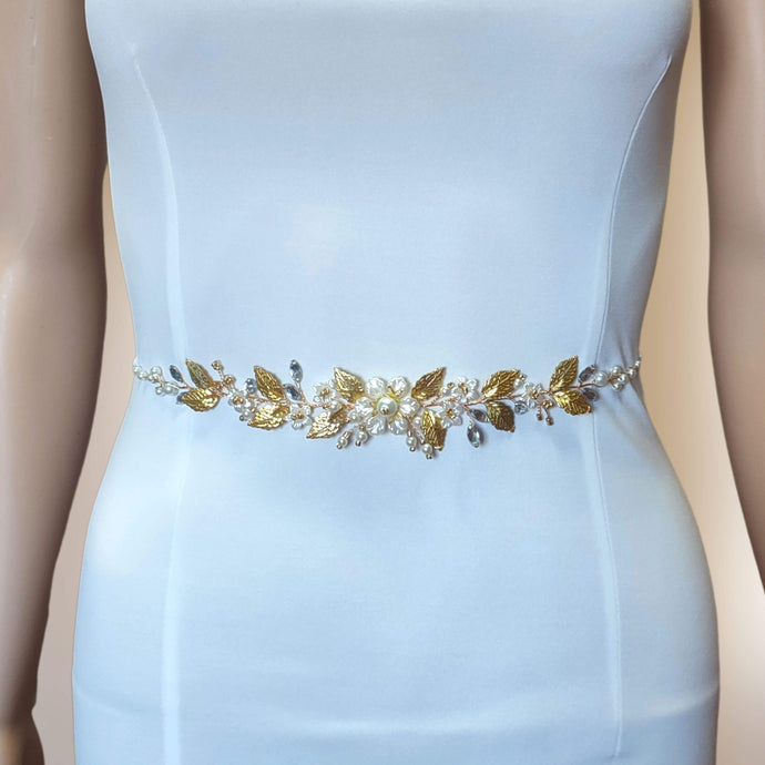 Ceinture florale avec perles, strass et feuilles dorées pour robe de mariage bohème ou champêtre