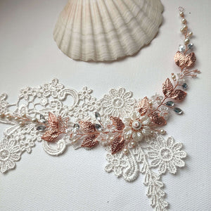 Ceinture florale avec perles, strass et feuilles or rose pour robe de mariage bohème ou champêtre