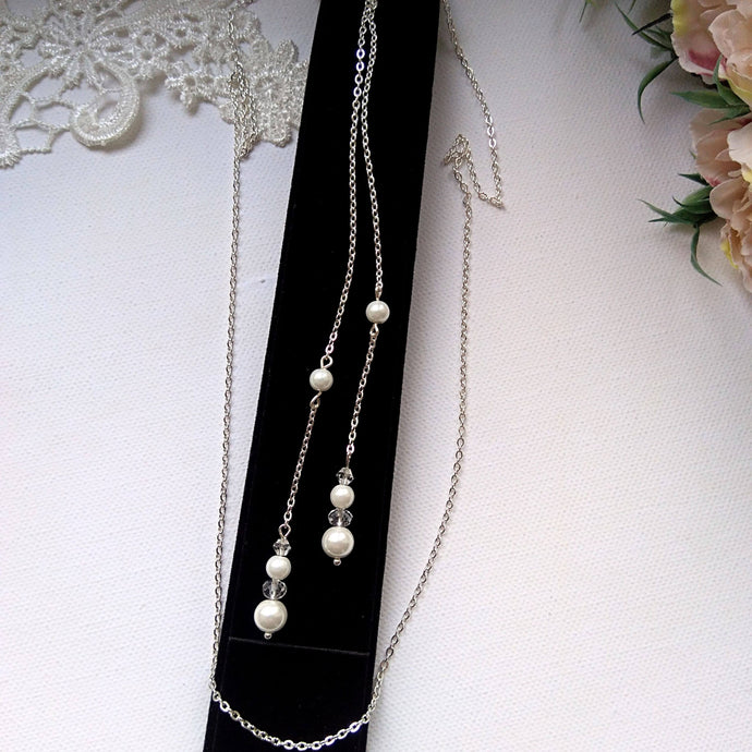 collier à enfiler simple chaîne avec bijou de dos double pendants en perles et cristal pour robe de mariage dos nu