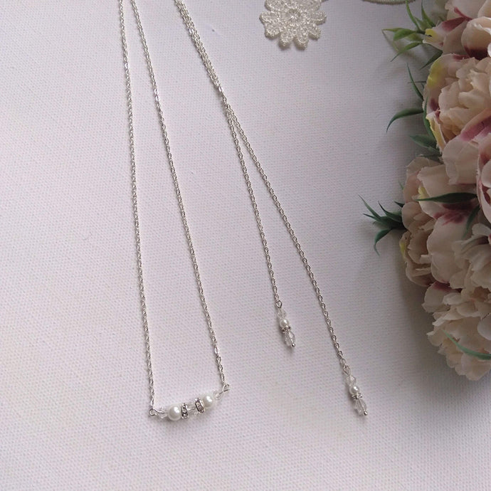 Collier de dos à enfiler en perles nacrées, cristal transparent et strass avec double pendentif de dos pour robe de mariage dos nu