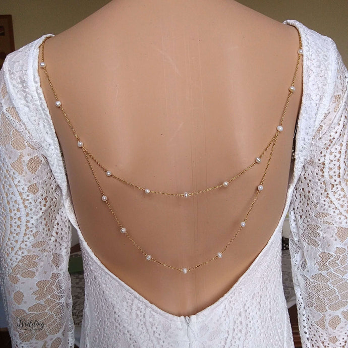 Collier de dos sans devant avec 2 chaînes de perles d'eau douce à accrocher sur robe de mariage dos nu