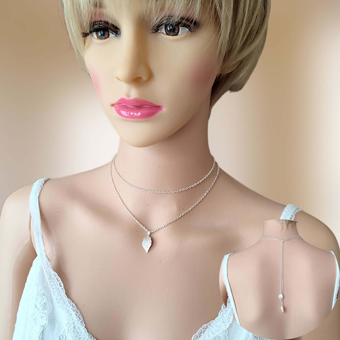 collier de mariage double chaîne avec feuille + bijou de dos double chaîne et deux feuilles