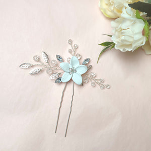 épingle à chignon avec cristaux transparents, strass, feuilles argentées et fleur blanche pour coiffure de mariage ou soirée