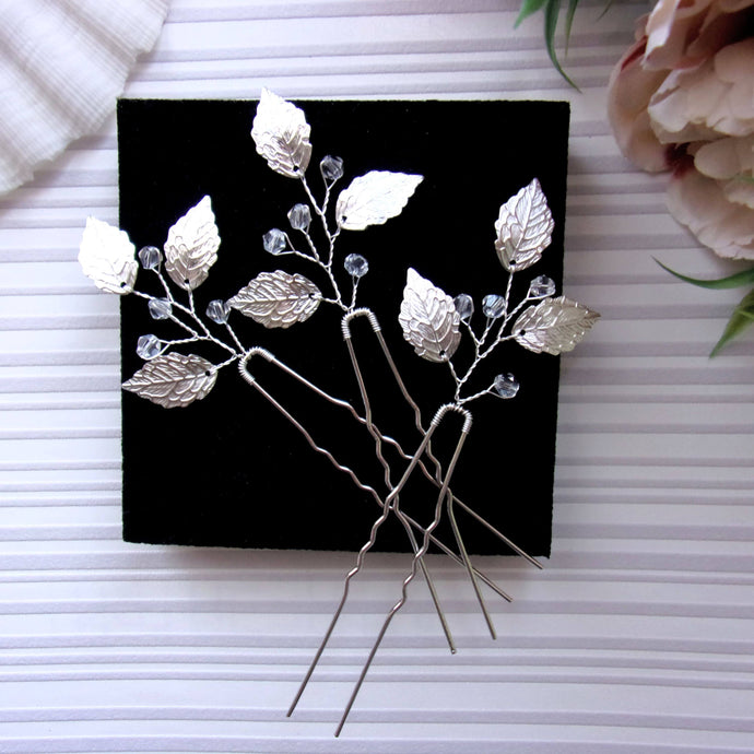 Lot de 3 épingles à cheveux en feuilles argentées et petits cristaux transparents pour coiffure de mariage