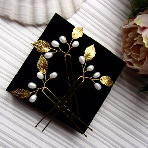 Lot de 3 épingles à chignon avec feuilles dorées et perles pour coiffure de mariage
