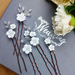 Lot de petites épingles à cheveux avec fleurs blanches en argile polymère et cristal transparent pour coiffure de mariage romantique