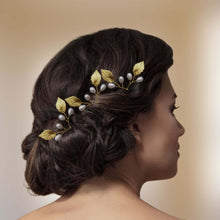 Charger l&#39;image dans la galerie, Lot de 3 épingles à chignon avec feuilles dorées et perles pour coiffure de mariage
