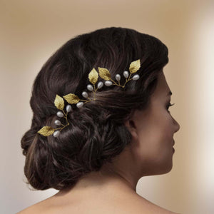 Lot de 3 épingles à chignon avec feuilles dorées et perles pour coiffure de mariage
