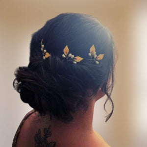 Lot de 3 épingles à chignon avec feuilles dorées et perles pour coiffure de mariage