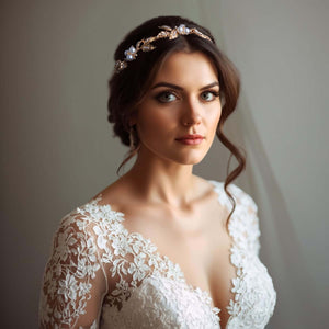Coiffure de mariée avec le headband doré Florence et chignon bas élégant