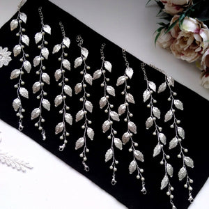 Lot de 8 bracelets en feuilles argentées et perles pour demoiselles d'honneur mariage champêtre ou bohème