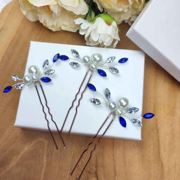 Lot de 3 petites épingles à chignon avec perles nacrées strass transparent et cristaux de strass bleu pour coiffure de mariage ou soirée