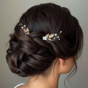 lot d'épingles à cheveux avec perles nacrées, cristal transparent, feuilles dorées et fleurs blanches en porcelaine froide pour coiffure de mariage