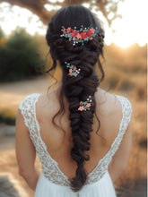Charger l&#39;image dans la galerie, ensemble de bijoux de cheveux en couleurs d&#39;automne pour coiffure de mariage bohème comprenant 2 épingles à cheveux et 1 large pièce pour arrière-tête avec fleurs et feuilles en porcelaine froide teintes à la mais et des perles en cristal