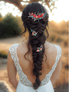 ensemble de bijoux de cheveux en couleurs d'automne pour coiffure de mariage bohème comprenant 2 épingles à cheveux et 1 large pièce pour arrière-tête avec fleurs et feuilles en porcelaine froide teintes à la mais et des perles en cristal