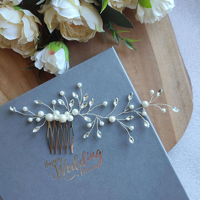 Long bijou de cheveux Peigne en perles et strass pour coiffure de mariage bohème